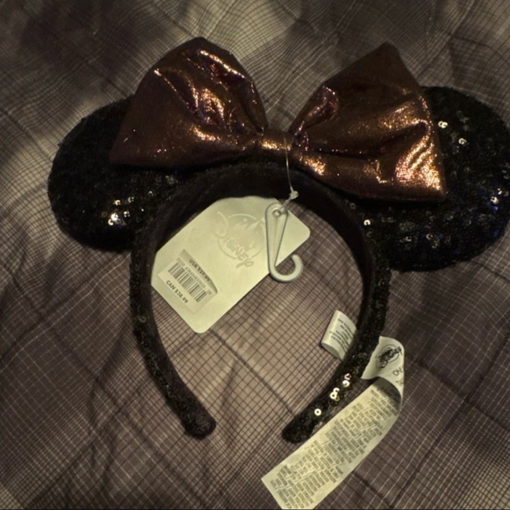 Disney Black Sequin Minnie Headband with Shimmering Bronze Bow